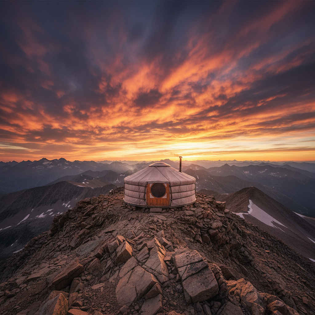 Ridgeline yurt on a mountain ridge with dramatic sky and distant peaks