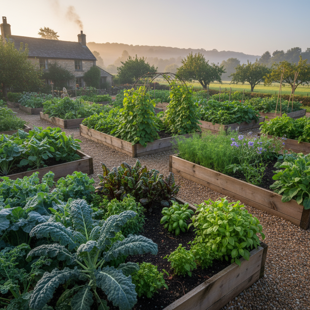 Productive kitchen garden with organized raised beds and lush seasonal plantings in morning light