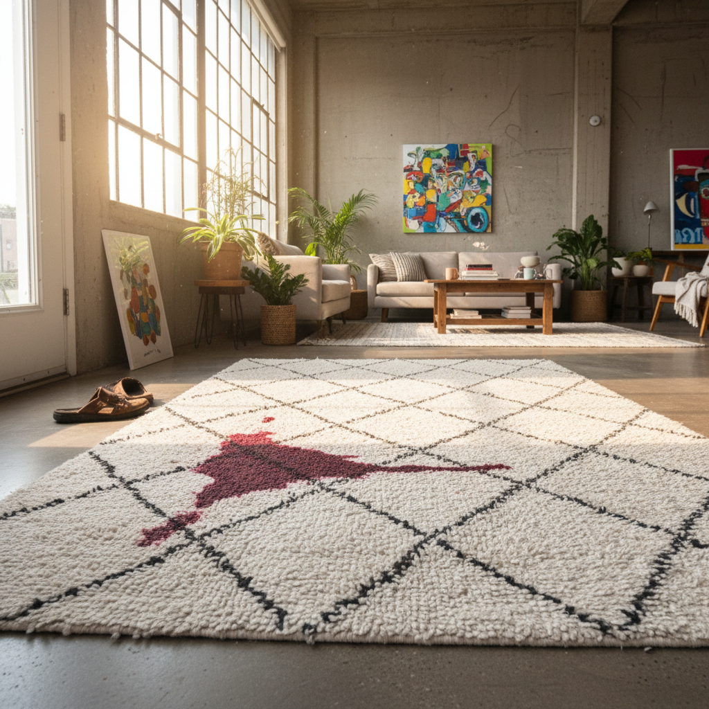 Ivory Berber carpet in Wynwood Airbnb loft with large red wine stain near entry area