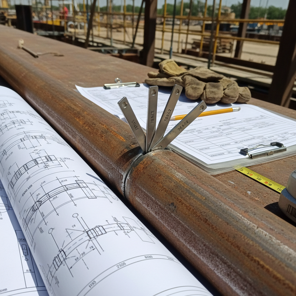 Engineering drawings and pipe fit-up documentation with gap gauges on steel pipe