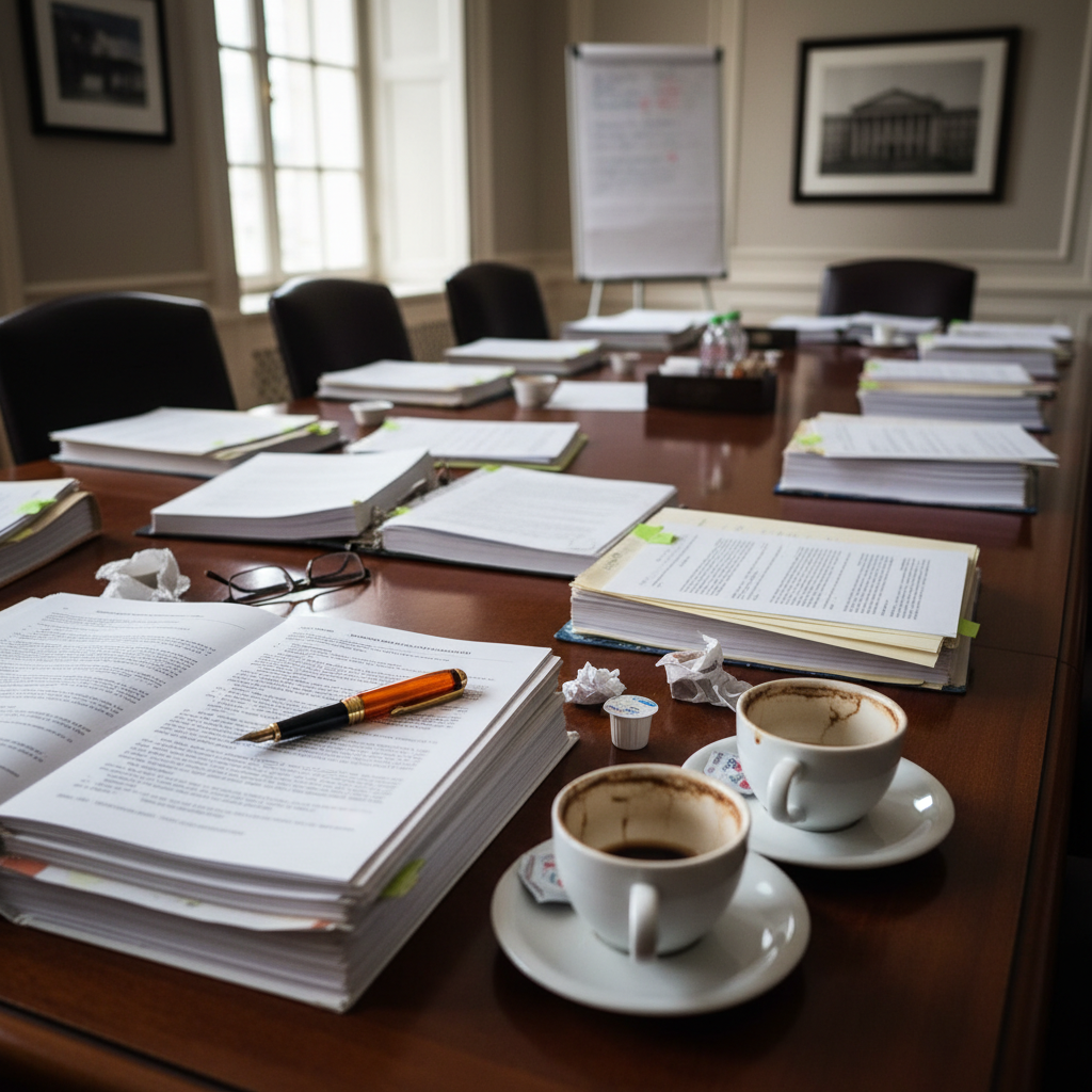 Conference table with scattered policy documents, an amber-capped pen, and two coffee cups — residue of a serious insurance review meeting