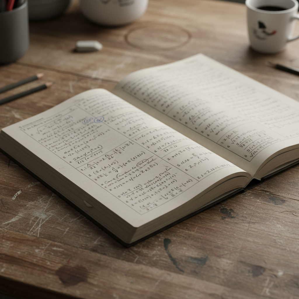 Mathematics practice book with equations, well-thumbed pages, student notes visible