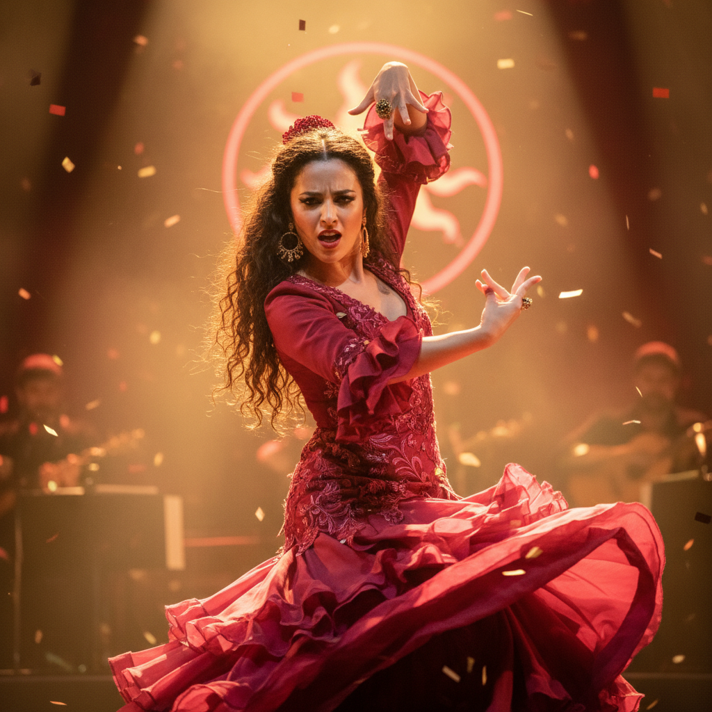 Flamenco dancer in red dress performing on stage with dramatic lighting and motion blur
