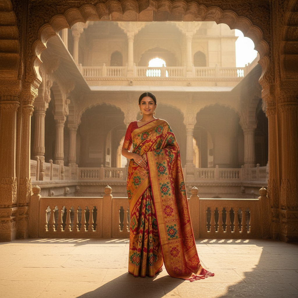 Traditional Patola double ikat silk saree in red and gold, premium studio shot