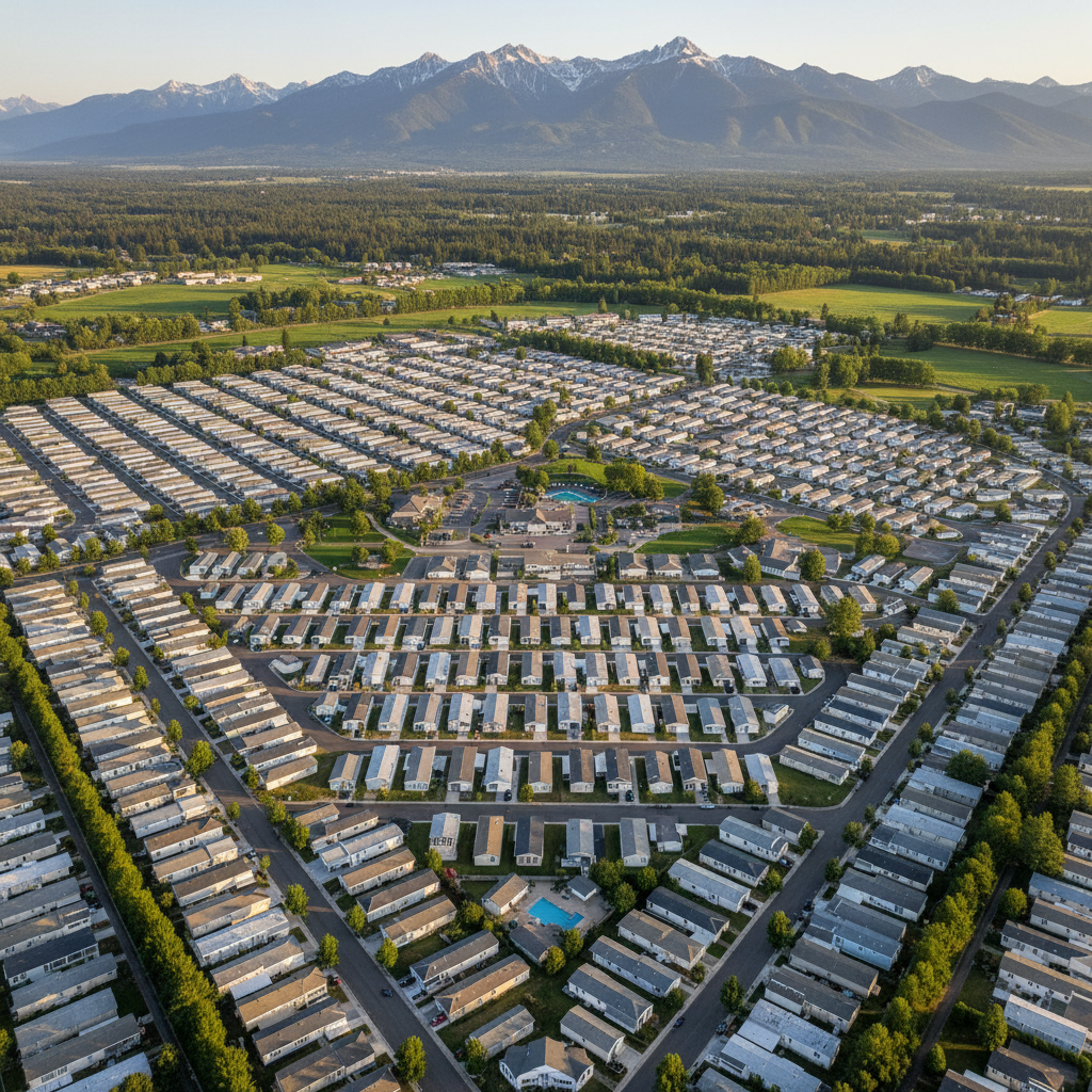 Aerial view of a manufactured housing community near Shenandoah Valley with mountain backdrop