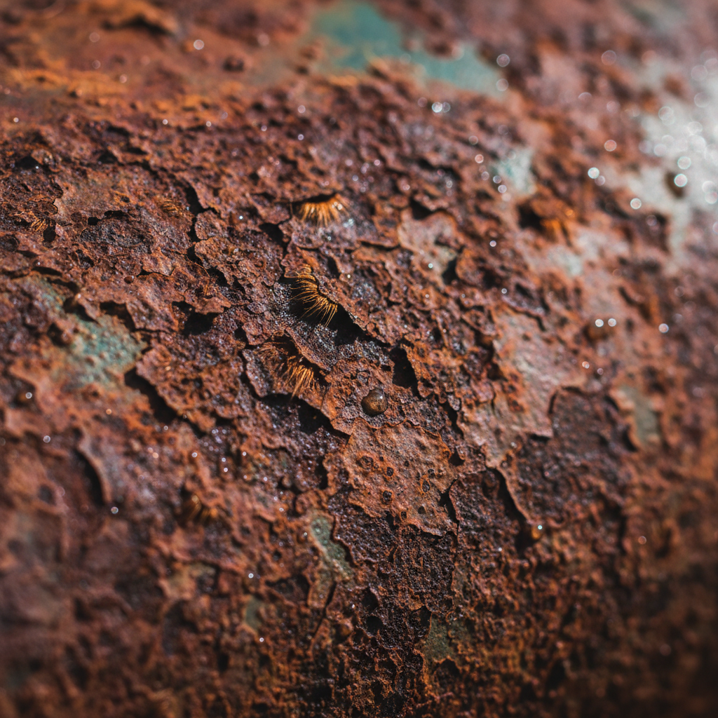 Metal surface rusting over time — decay and transformation captured in macro