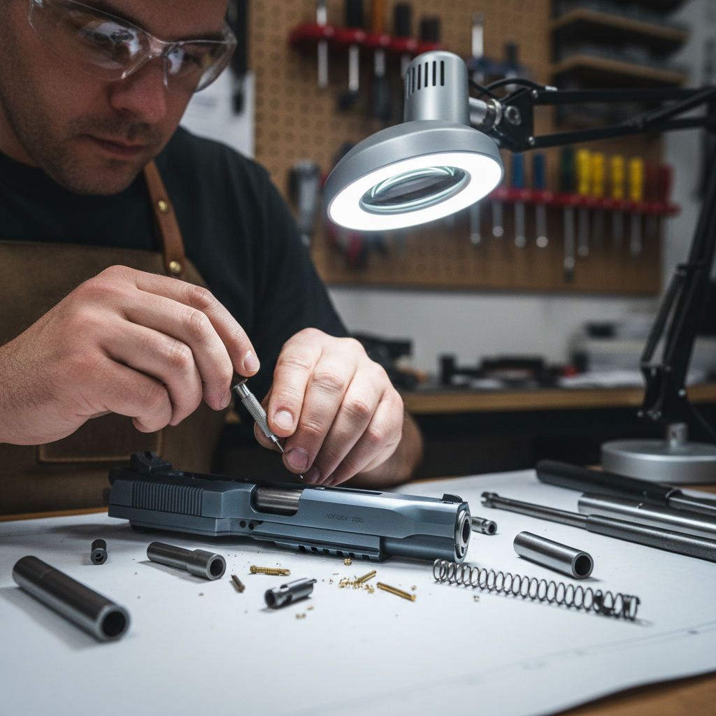 Certified gunsmith performing precision repairs and custom modifications on a firearm
