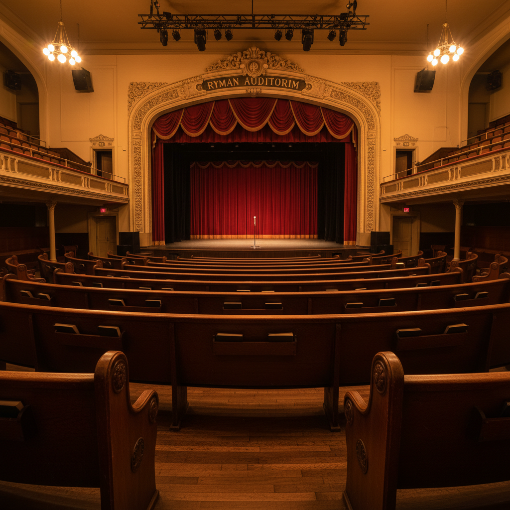 Historic Ryman Auditorium stage interior with warm amber stage lighting, wooden pews, theatrical atmosphere