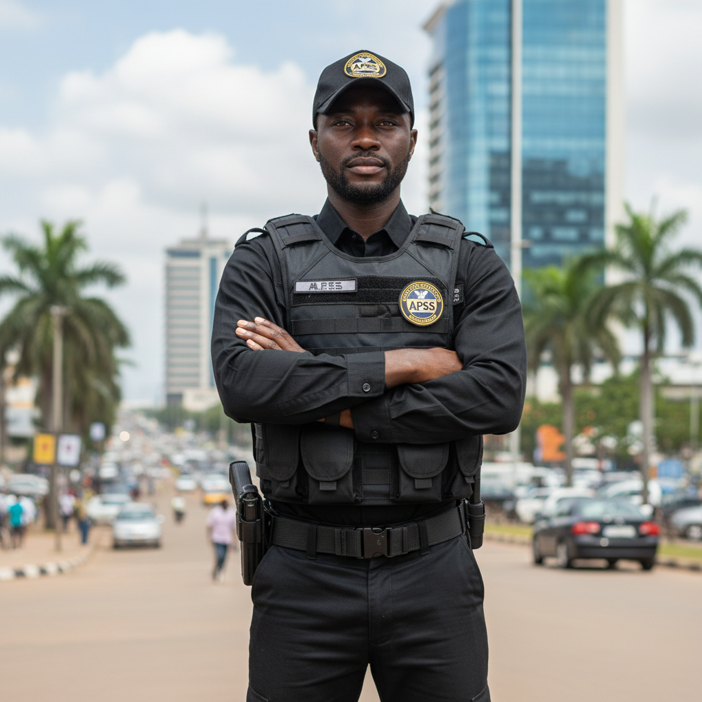 Agent de sécurité privée africain professionnel en uniforme à Abidjan