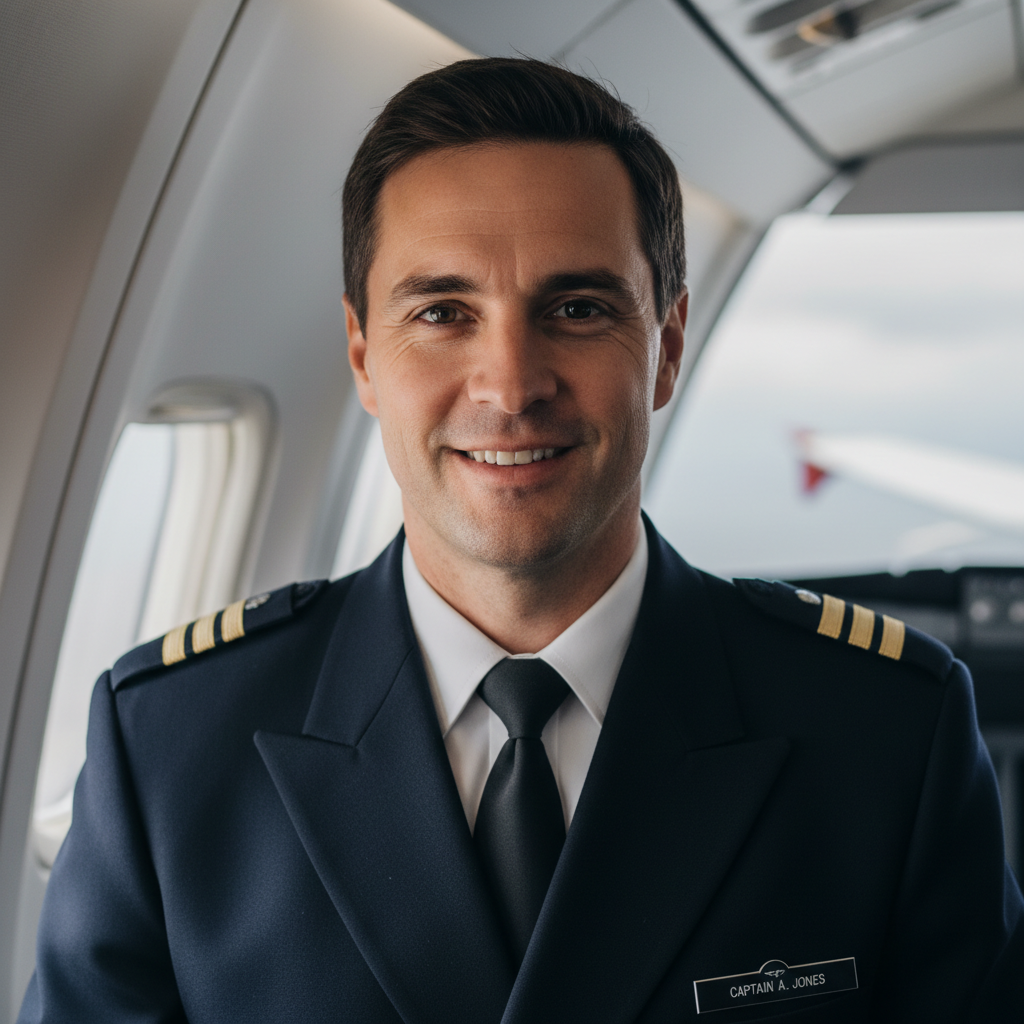 Portrait of Marcus Okafor, commercial airline pilot in uniform