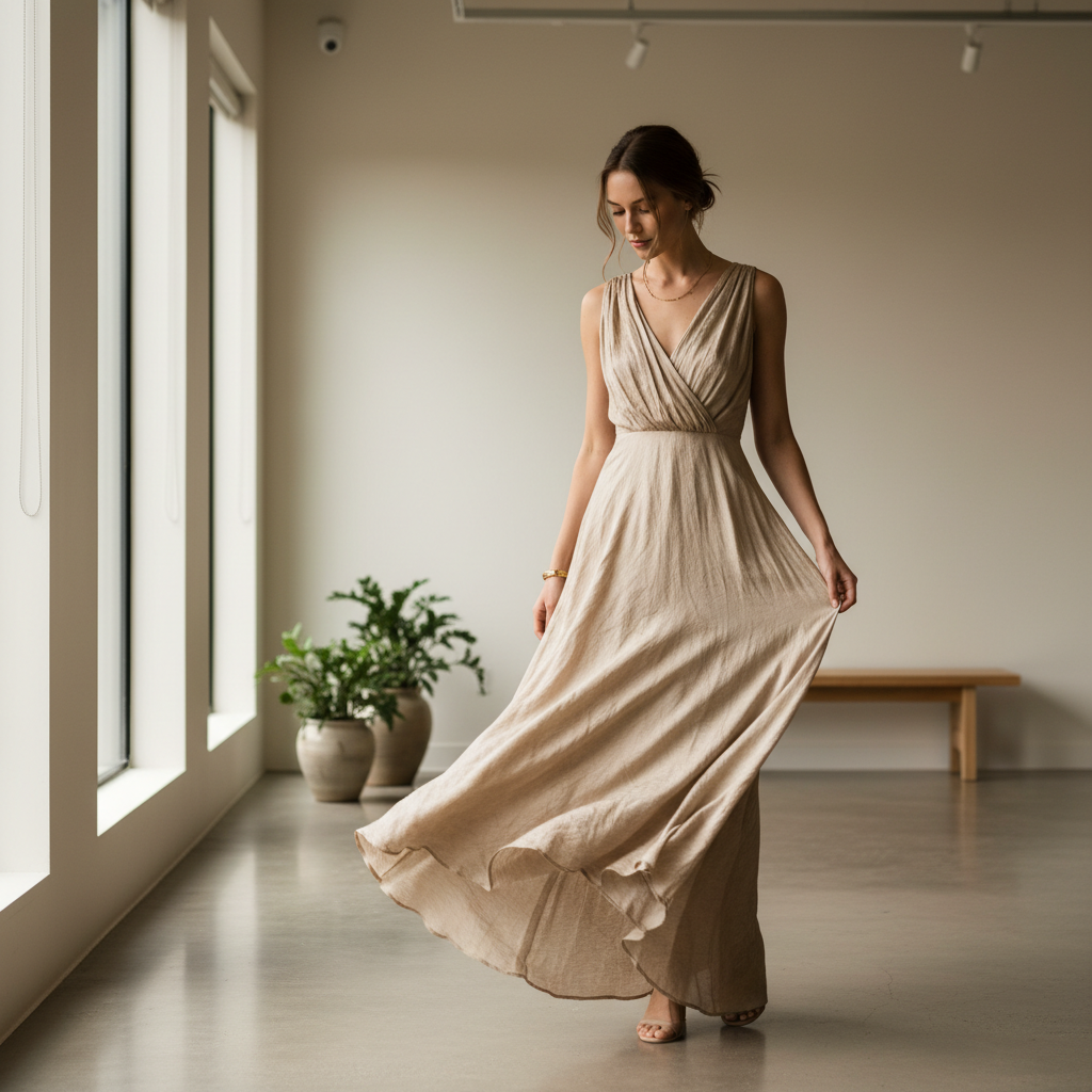 Mulher elegante em ambiente fashion com roupas modernas e acessórios, iluminação suave e ambiente sofisticado