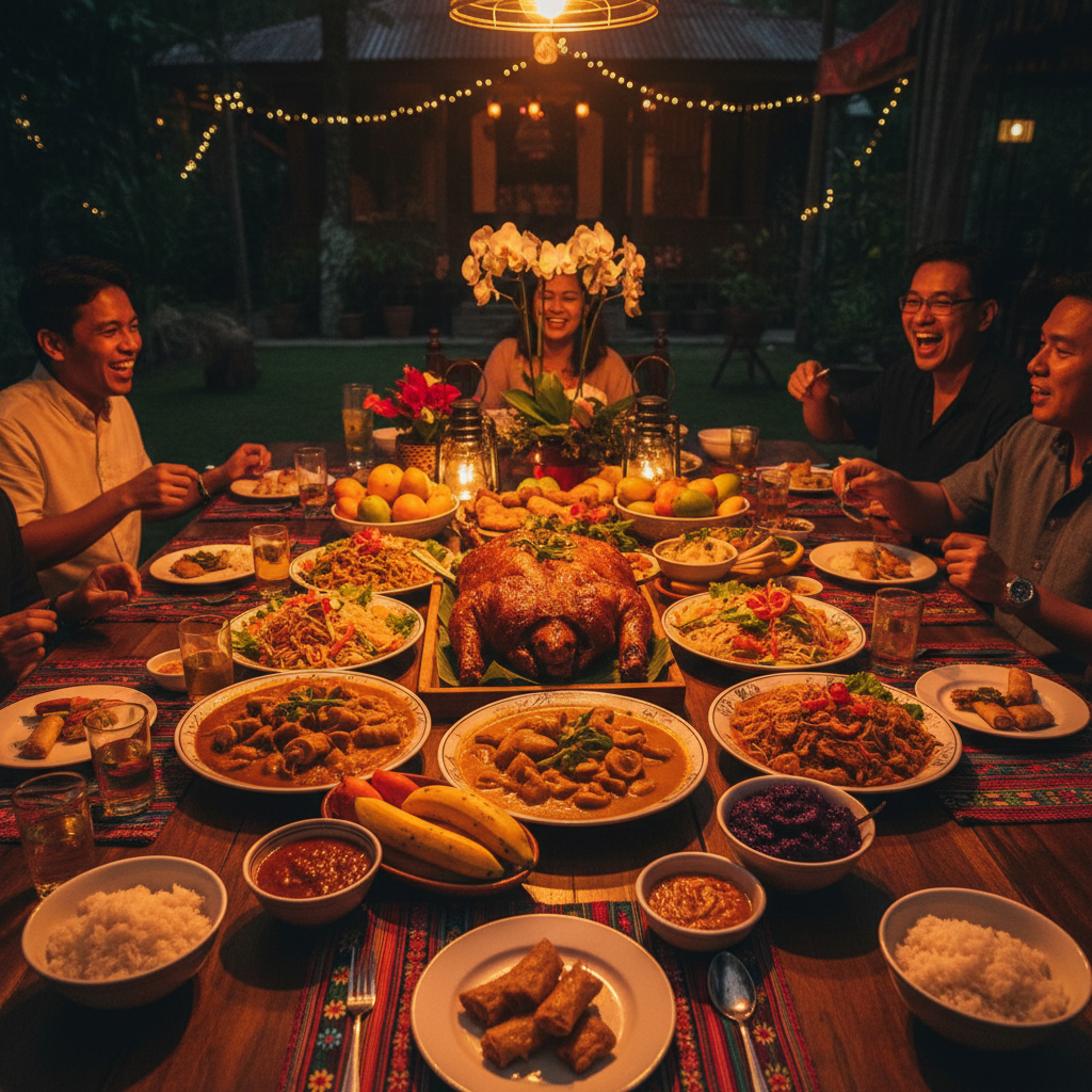 Filipino dinner lechon and kare-kare on festive table, deep evening shadows, rich warm tones