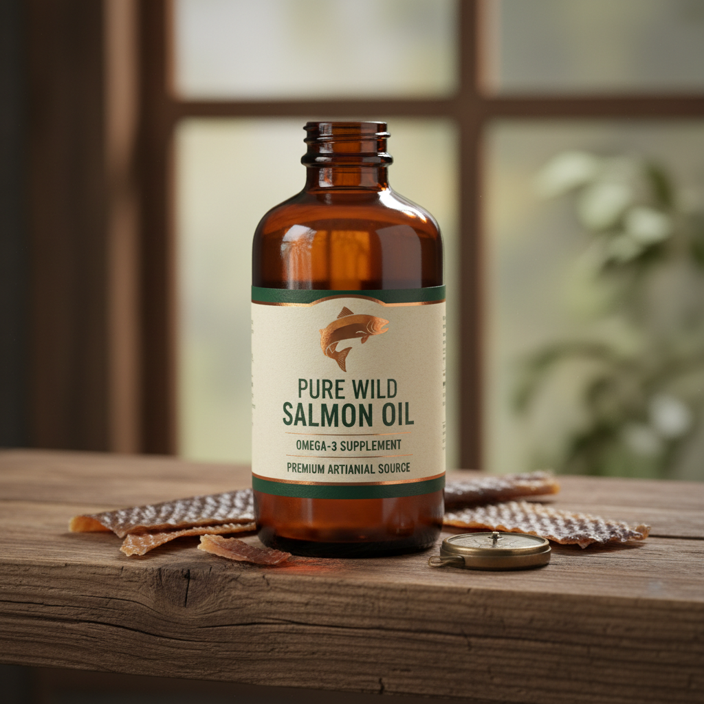 Dark amber glass bottle of premium wild salmon oil supplement on wooden shelf