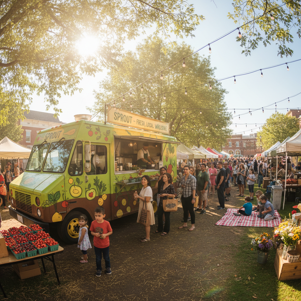 Sprout food truck at a sunny farmers market with string lights and a crowd