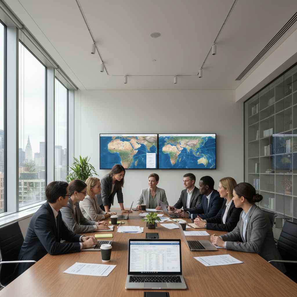 Professionals in a modern conference room in Maryland, USA, discussing humanitarian partnership agreements