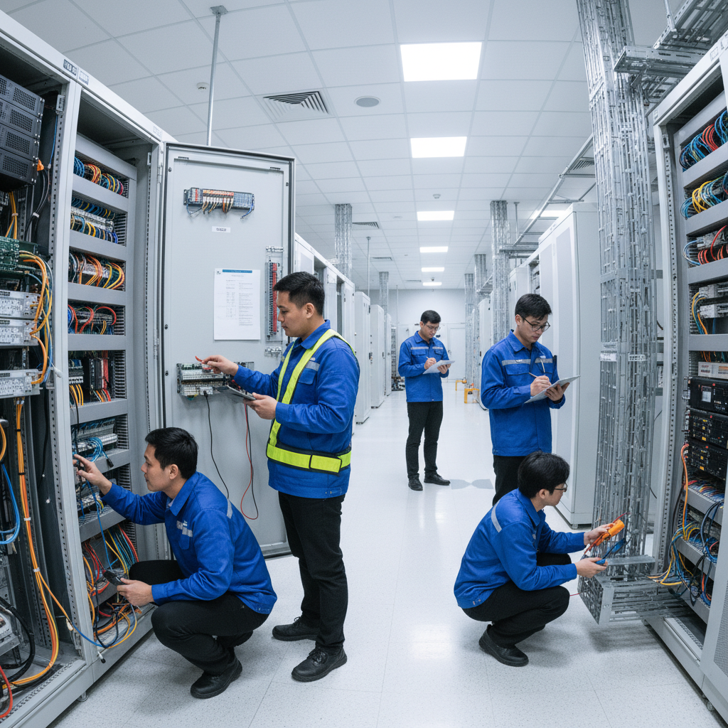 Network engineers working in a server room with organized cable racks and blue ambient lighting