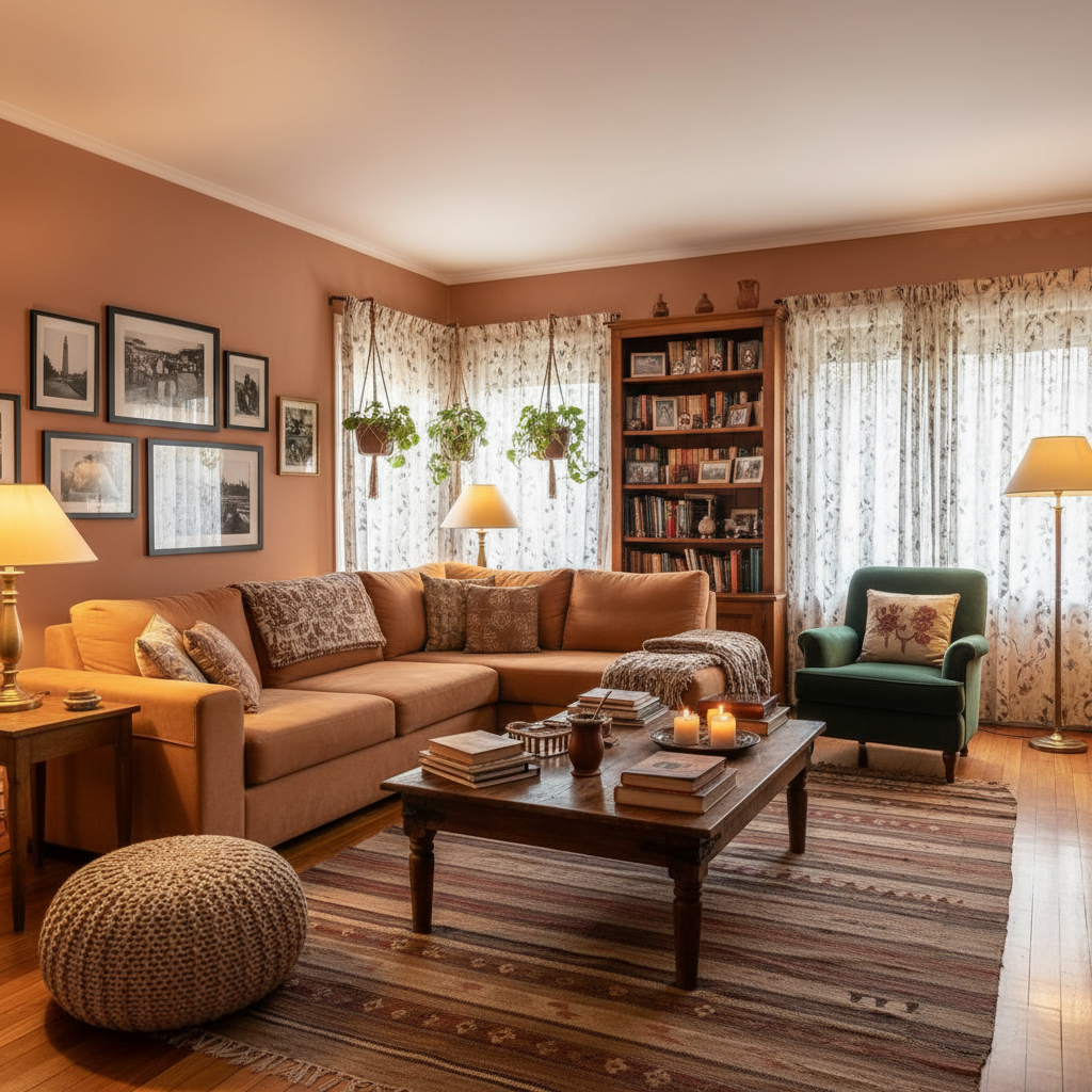 Cozy living room with modern furniture and warm lighting