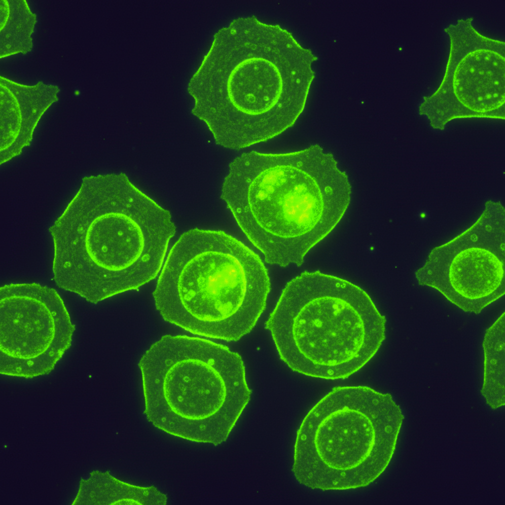 Fluorescent microscopy image of glowing cellular probes on dark background, neon green highlights