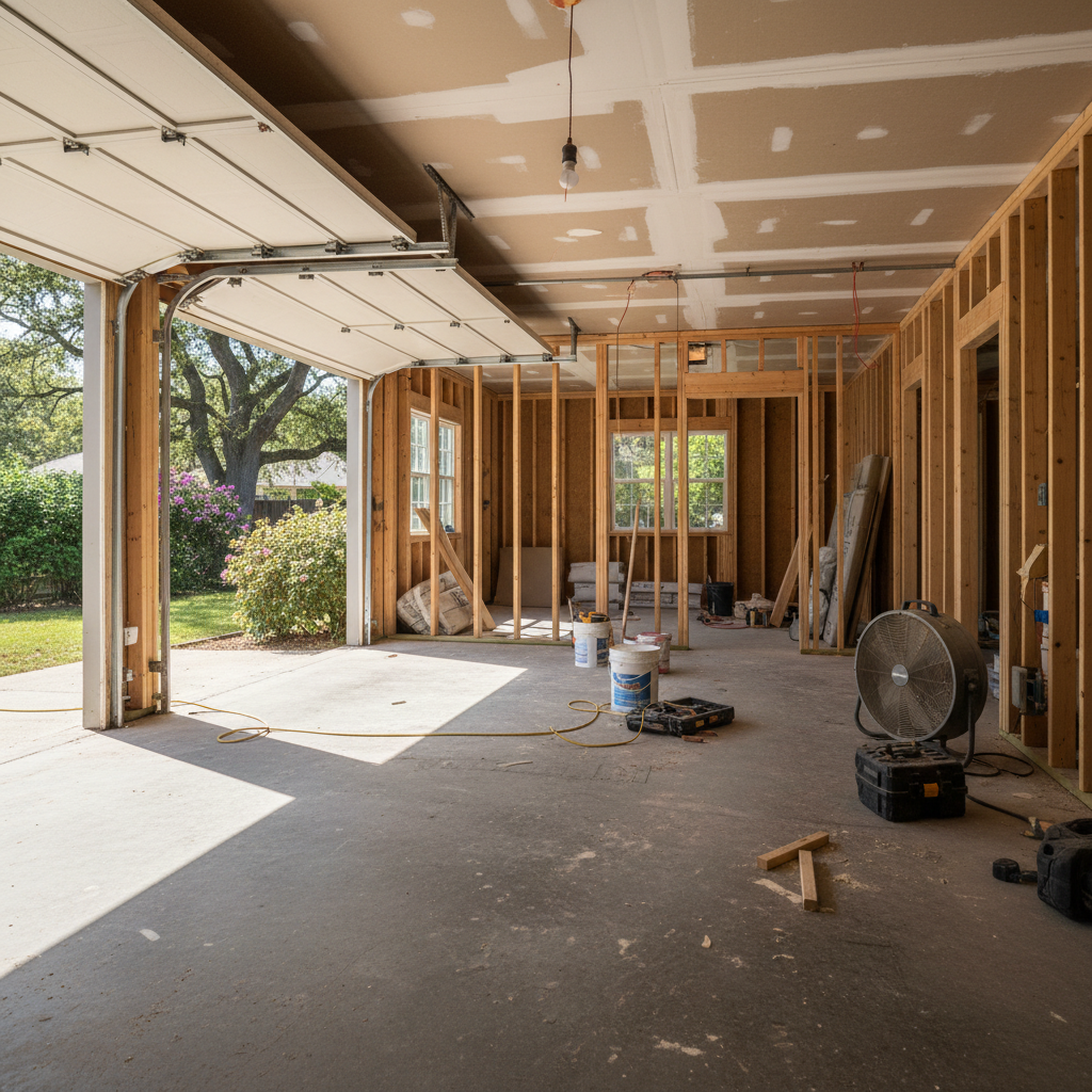 Unfinished garage space being converted to ADU with rough concrete floor
