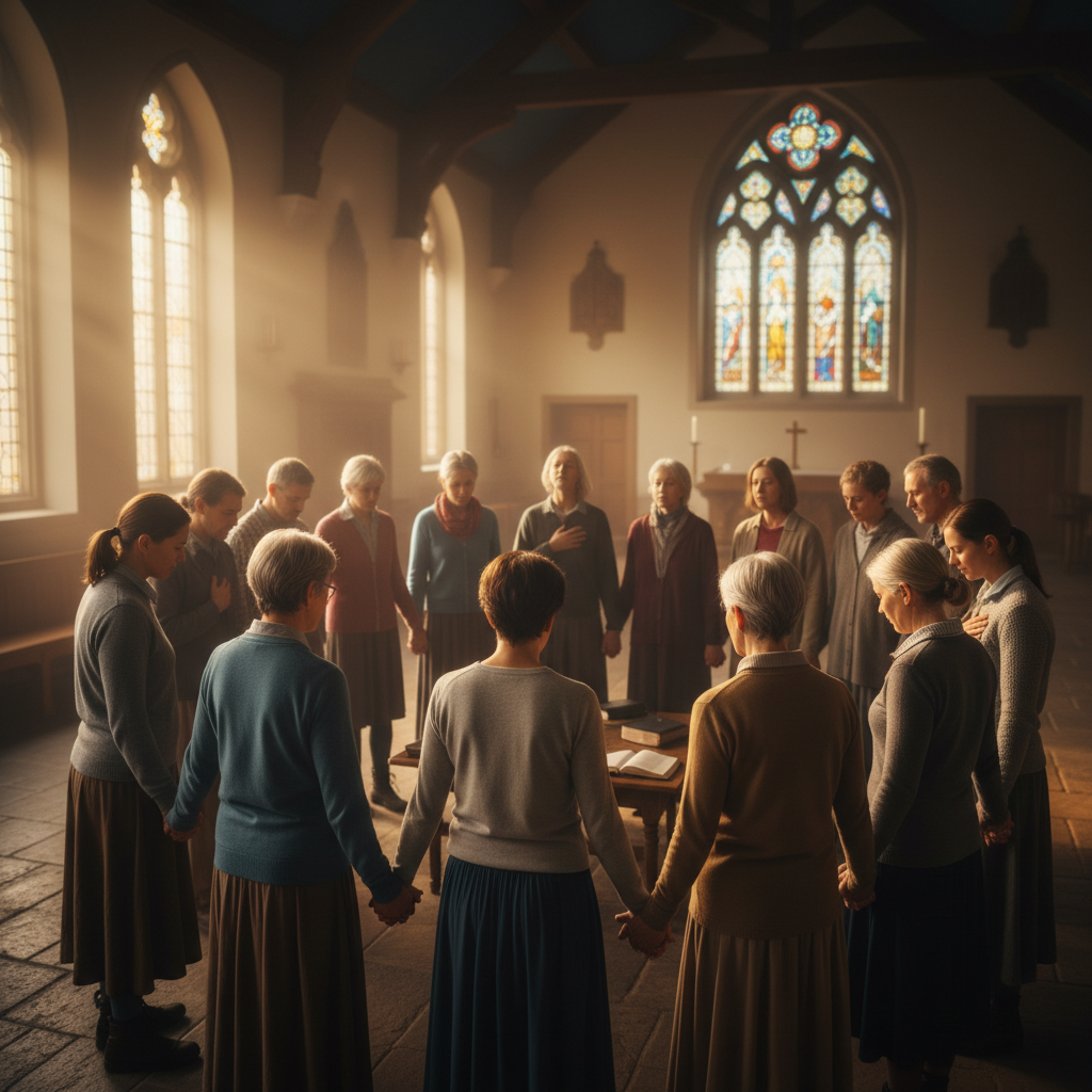 Small group of people praying together in a circle, bowed heads, peaceful intimate setting