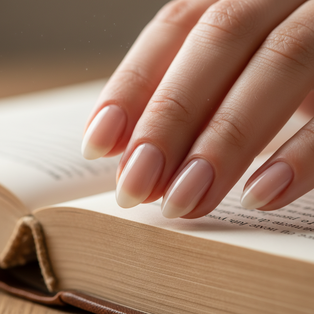 Manicured nails with sheer gloss finish turning pages of a book