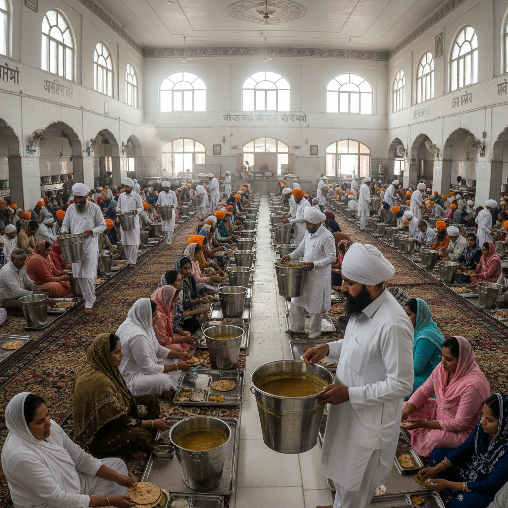 Sevadars in white serving langar from large steel buckets to rows of seated sangat on the floor of the langar hall