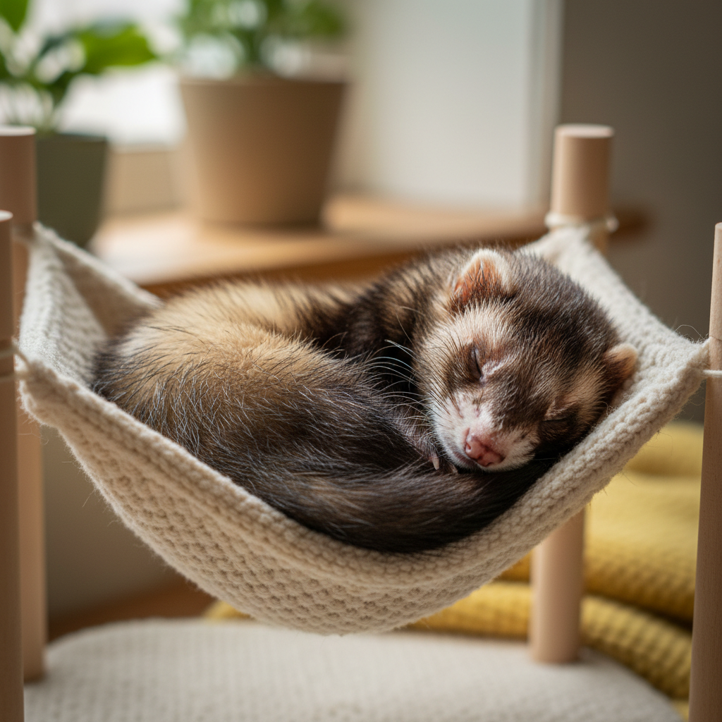 Mochi the ferret with glossy sable coat curled in a hammock