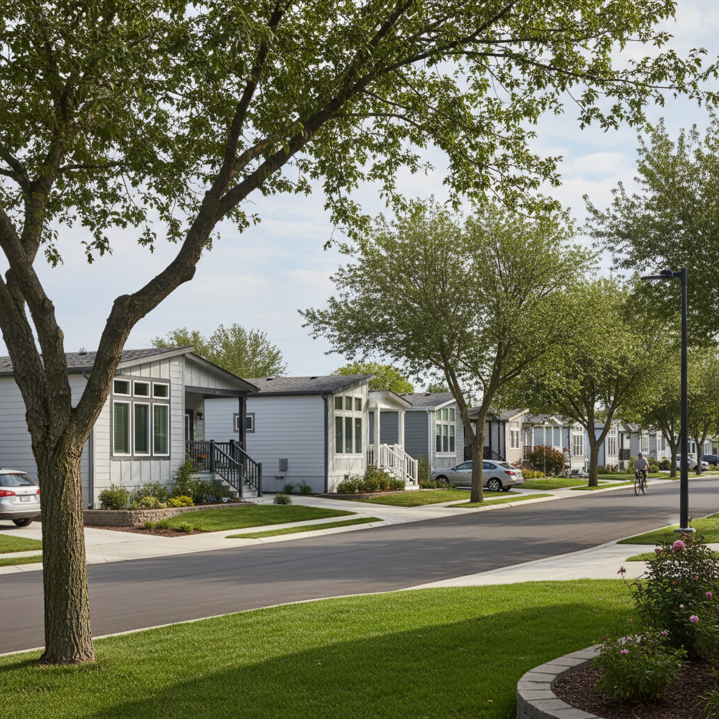 Manufactured homes along a quiet street with mature trees and green lawns in Ohio