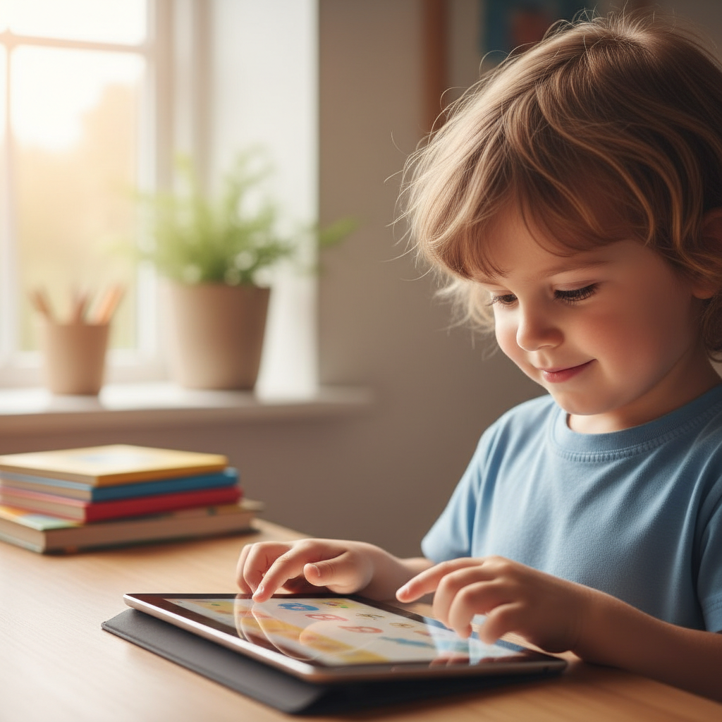 Child drawing on a tablet with a stylus, bright colourful workspace, natural window light