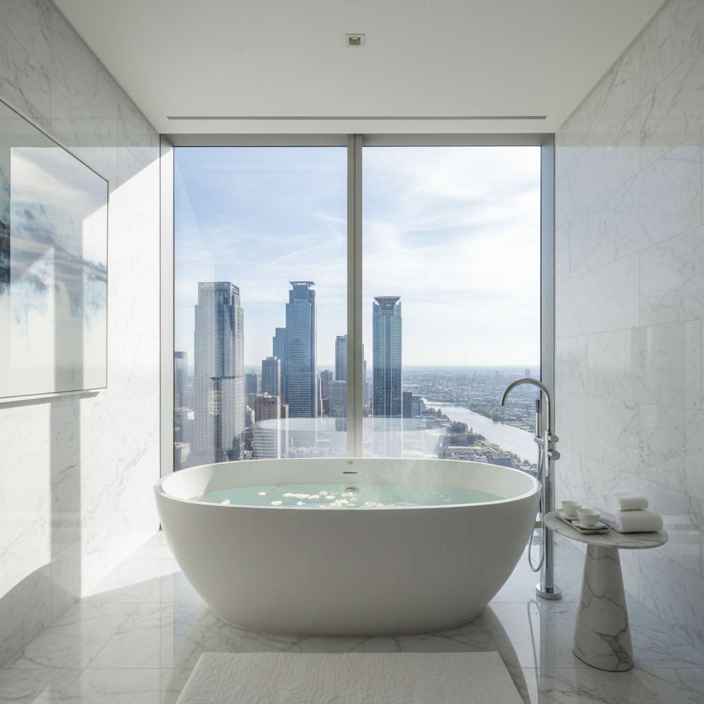 Elegant master bathroom with freestanding soaking tub and marble tile, spa atmosphere