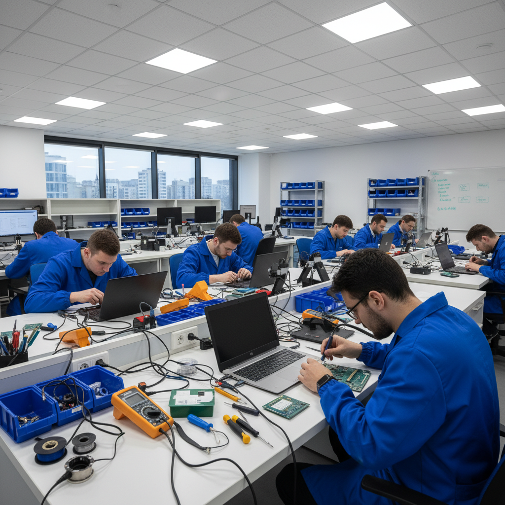 Technician repairing laptop on clean workbench, bright professional lighting, white background