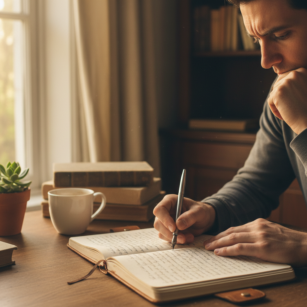 Person sitting calmly at a desk near a bright window, peaceful and focused, morning light, notebook nearby
