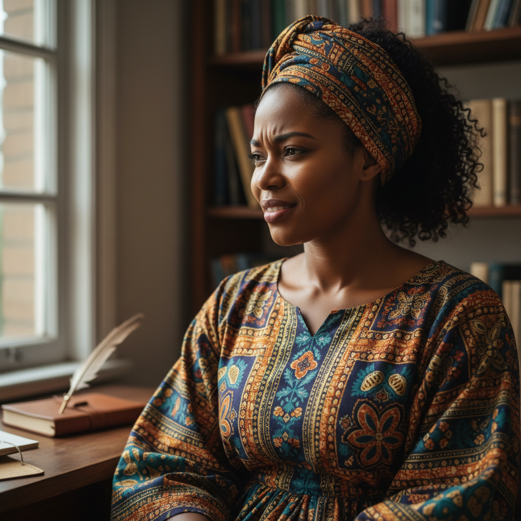 African woman looking toward horizon, traditional clothing, open landscape, natural daylight, serene expression