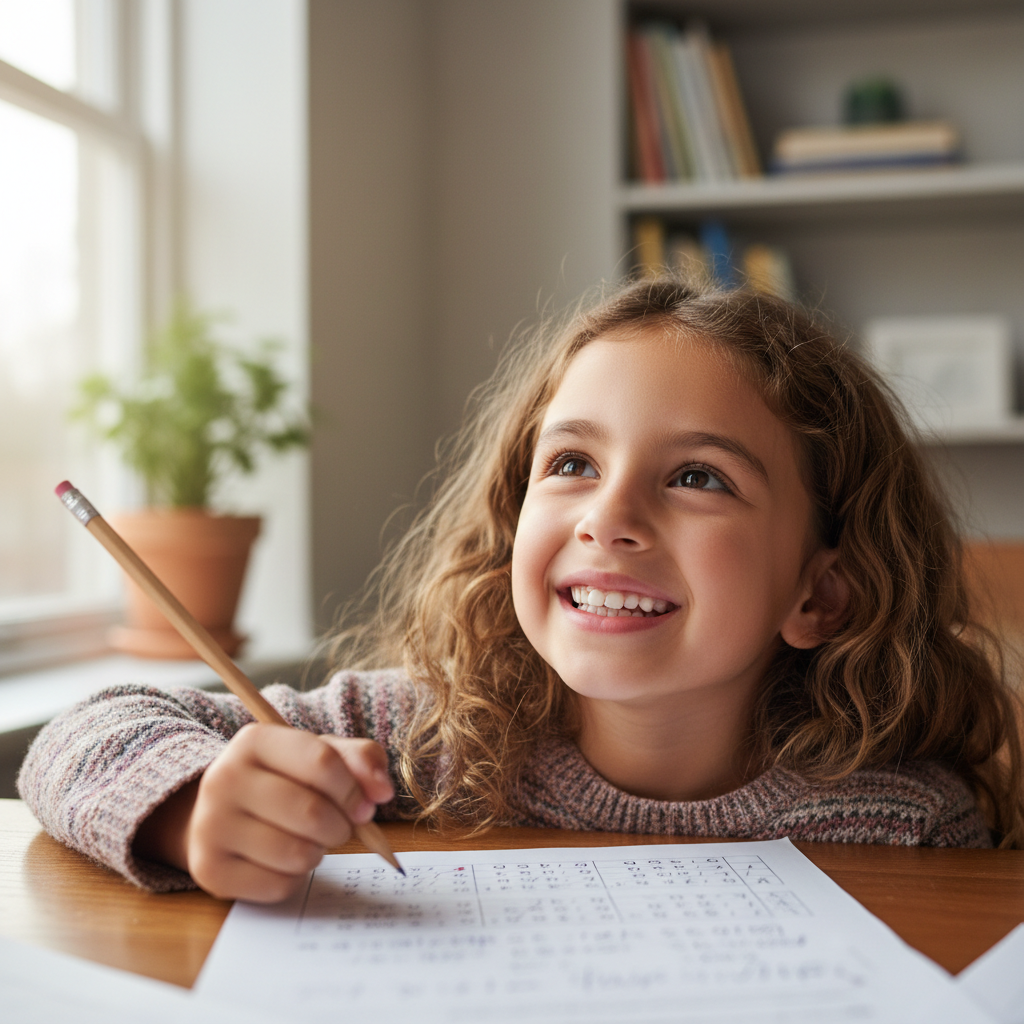 A young girl looking up from her homework with a wide smile, pencil in hand, a completed worksheet on the table