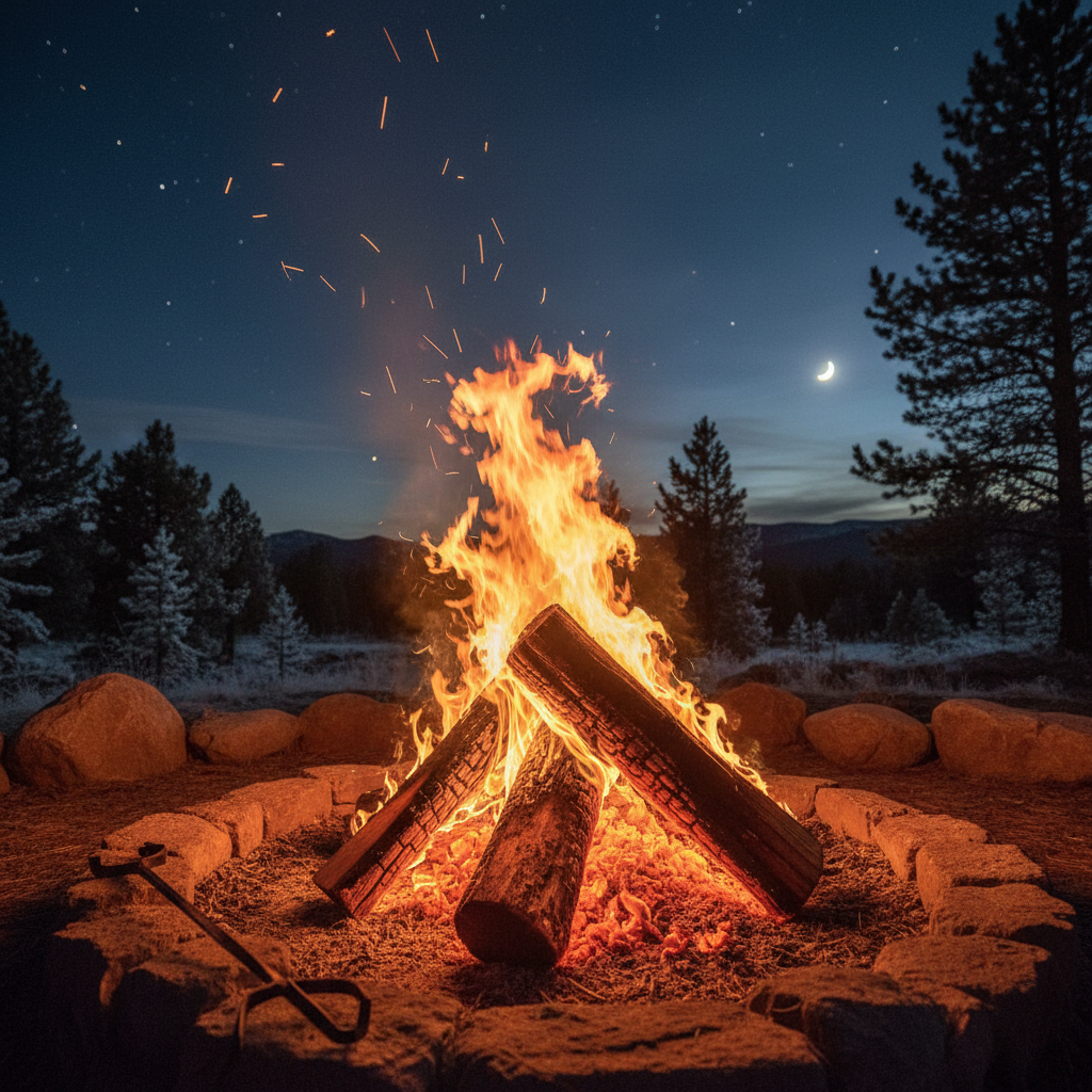 Live fire pit with hickory logs burning at 3am