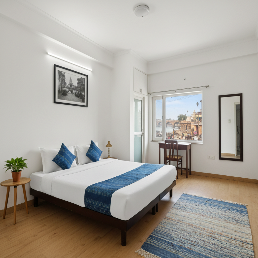 Clean guest house room with simple furnishings near Haridwar Har Ki Pauri ghat