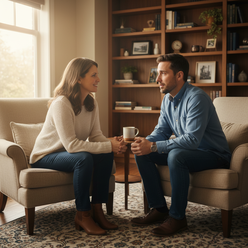 Counsellor in supportive session with client in bright comfortable therapy office