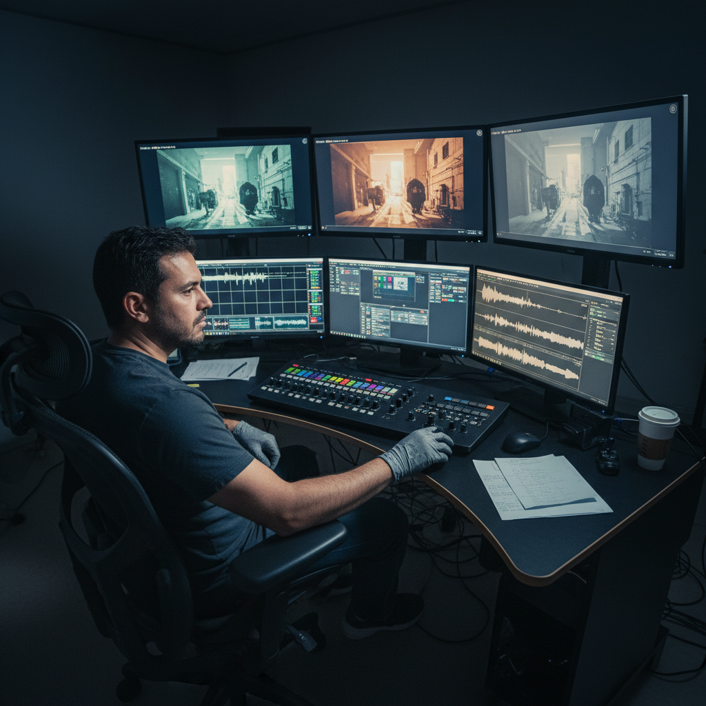 Male video editor and colorist working in a dark editing suite with monitor glow on face
