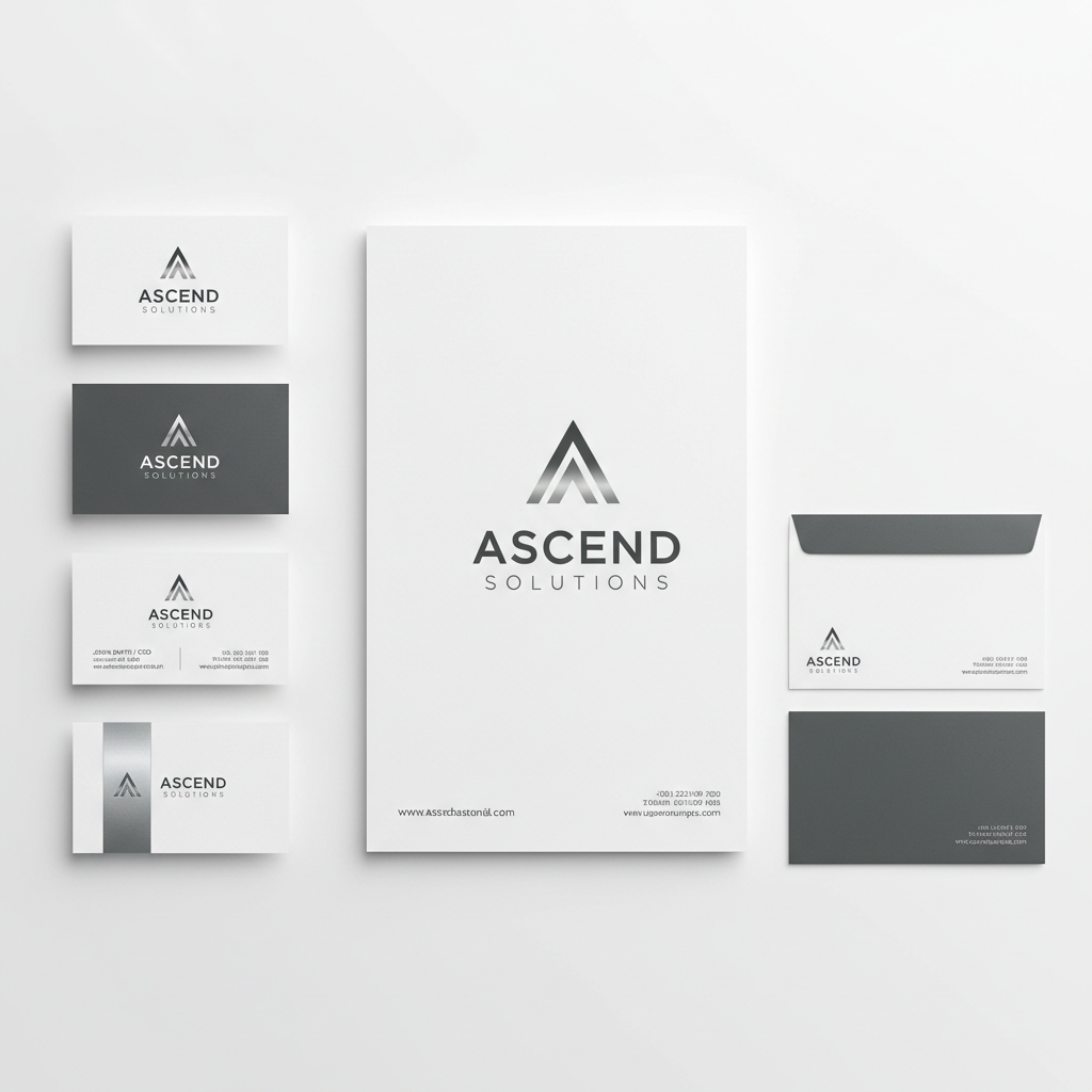 Corporate brand identity package showing logo, stationery, and branded merchandise on white surface