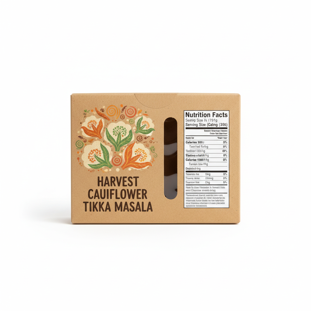 Harvest cauliflower tikka masala compostable box with illustrated cauliflower artwork and nutritional panel