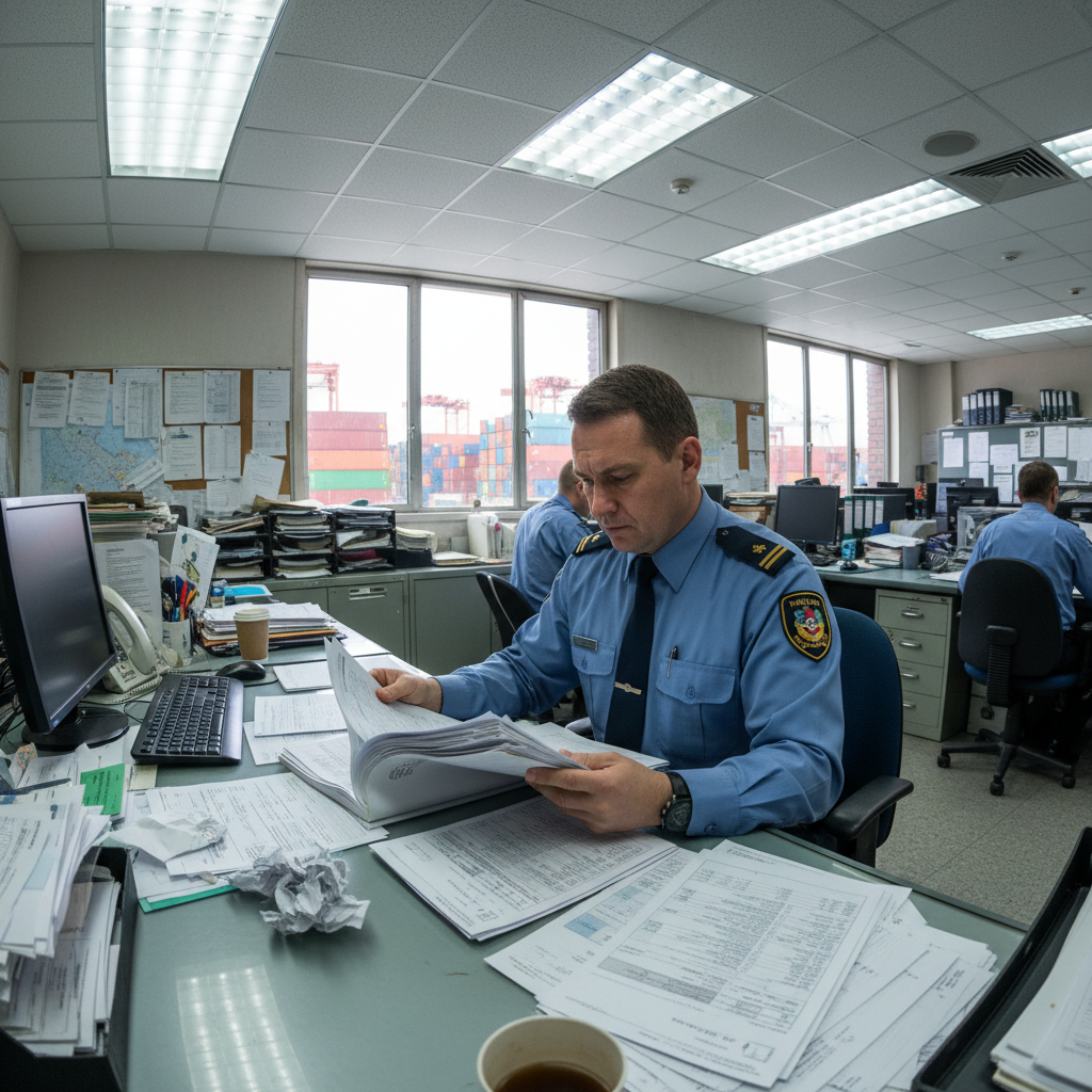 Customs officer reviewing shipping documents at port, bright office lighting, professional setting, paperwork and stamps visible
