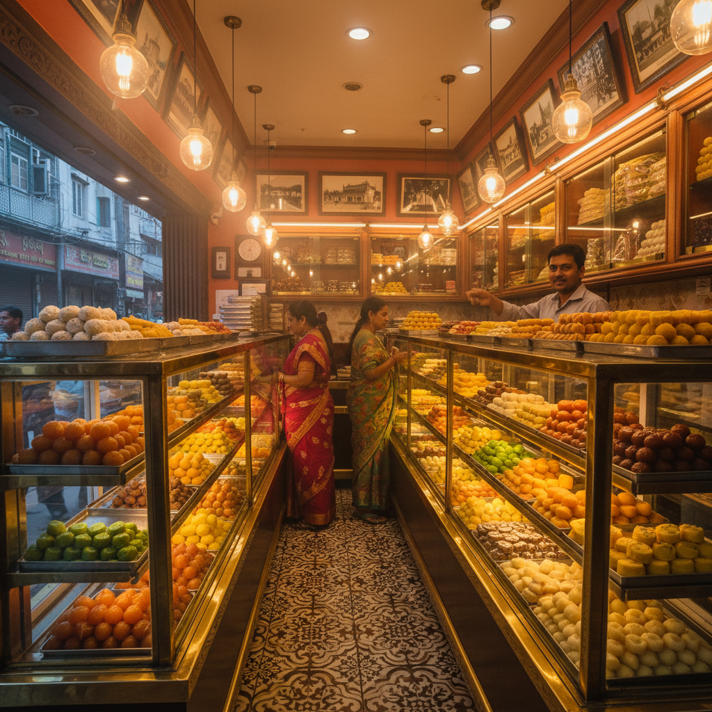 Kolkata Bengali sweet shop interior with rows of colorful mishti in display cases, warm amber shop lighting, atmospheric indoor scene