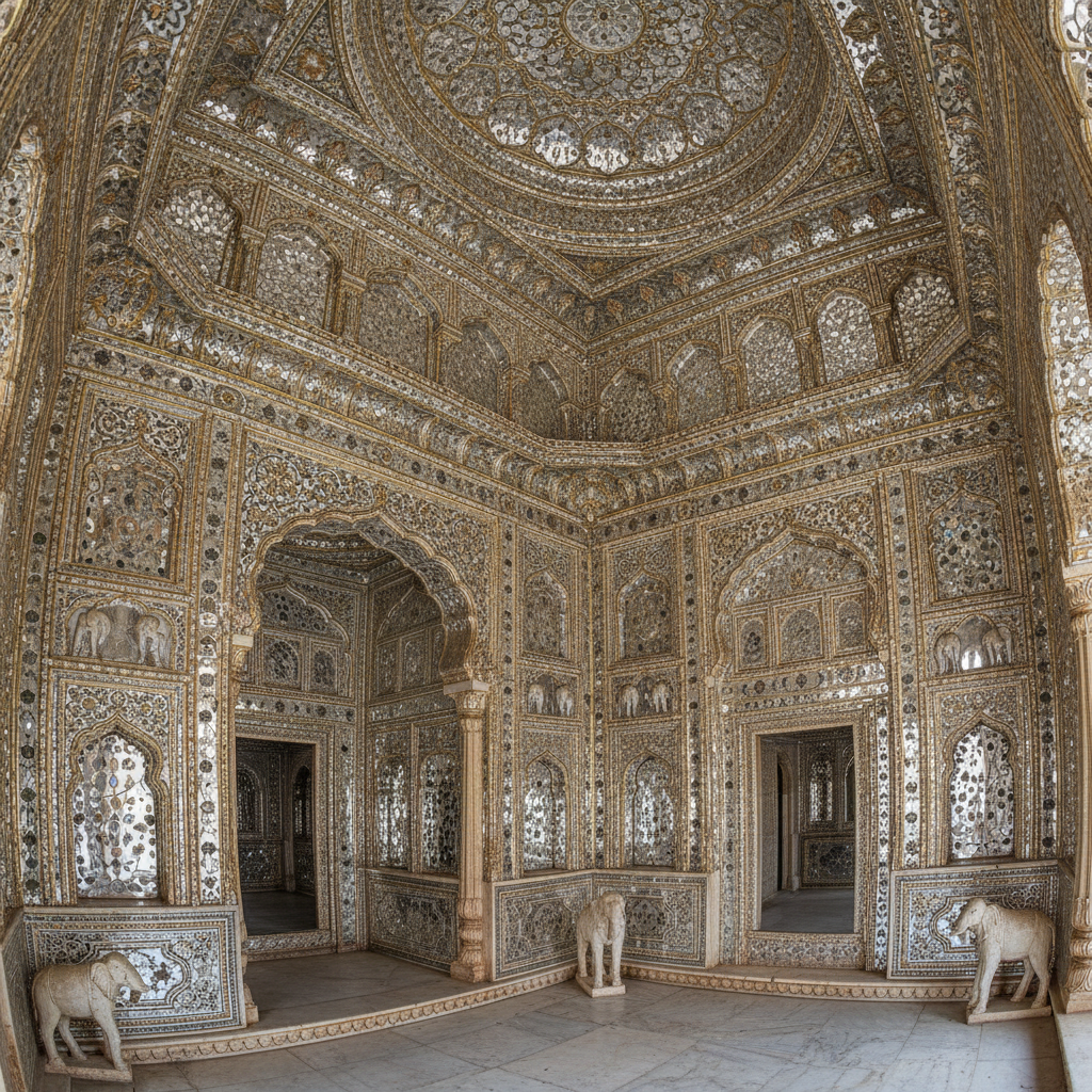 Sheesh Mahal mirror palace interior with thousands of tiny mirrors embedded in the ceiling and walls, candlelight creating infinite reflections