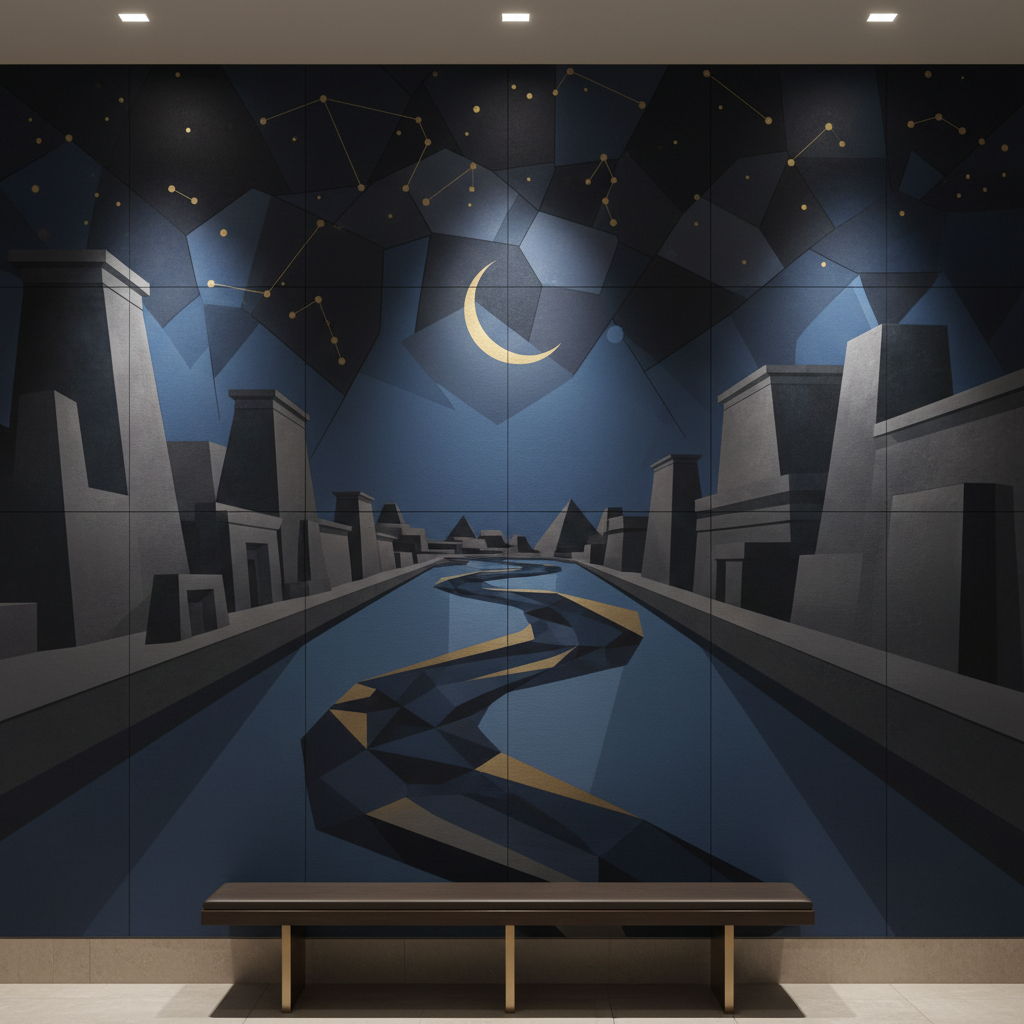 Midnight-dark abstract with gold geometric forms and deep atmospheric depth