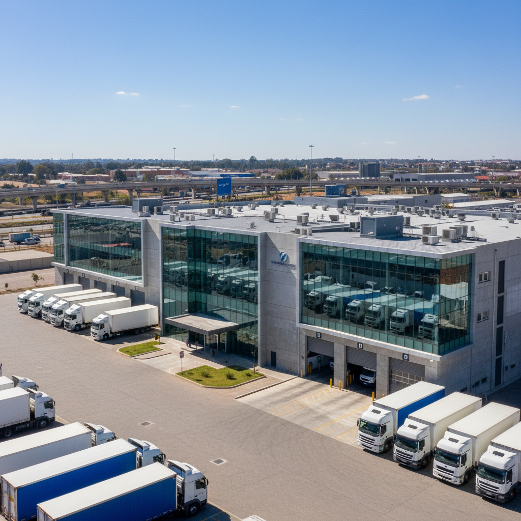 LKW-Flotte vor modernem Logistikzentrum