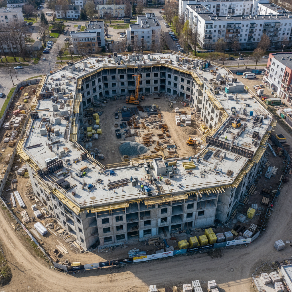 Aerial view of under-construction mid-rise residential development with courtyard, subject of a 40-unit pre-approval pipeline