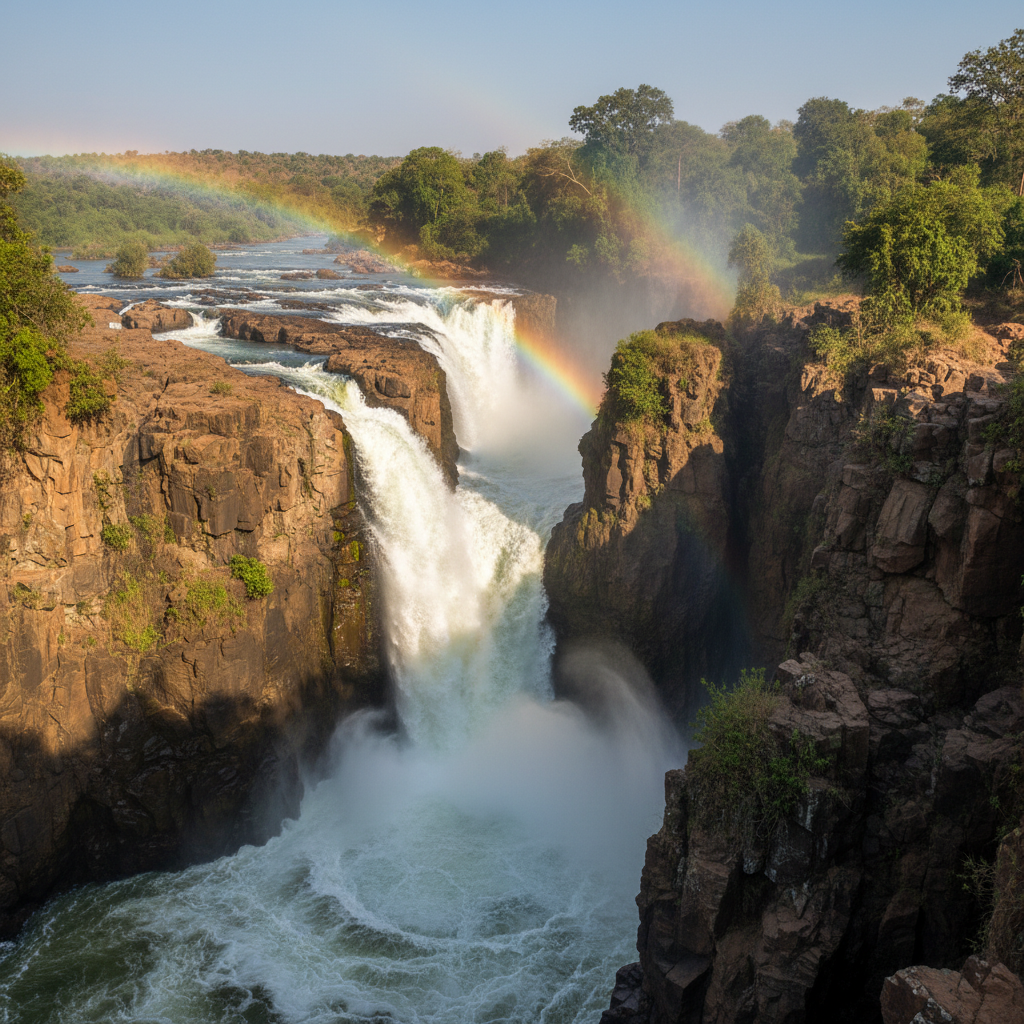 Dramatic Murchison Falls waterfall on the Nile River, powerful water cascading through narrow gorge