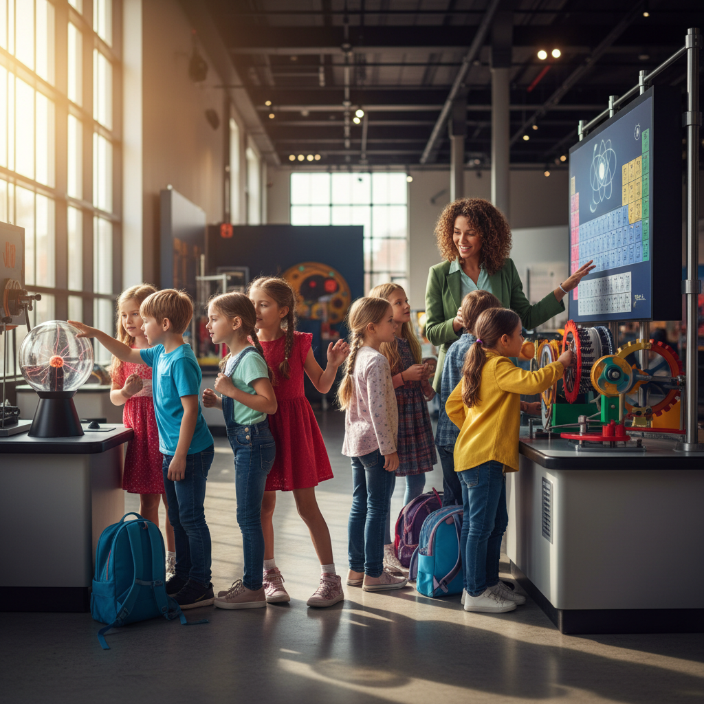Group of school children on a field trip exploring science exhibits with a teacher