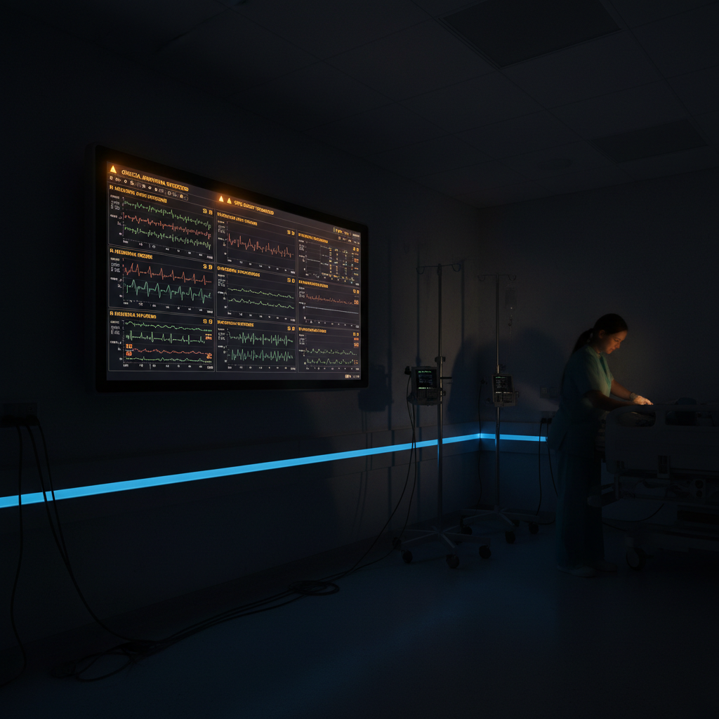 Clinical diagnostic equipment in low-key dark medical environment, muted tones