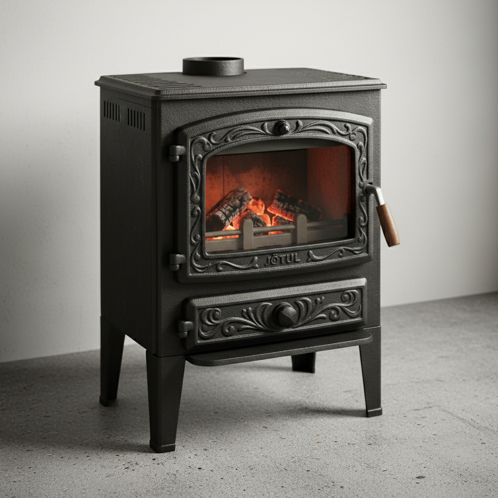 Jøtul F 305 Norwegian cast iron wood burning stove, classic black with ornate door detail
